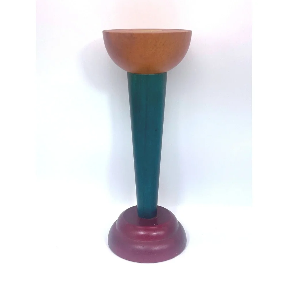 IKEA Monokel Vintage Candle Holder 1980s Post Modern Wood Brass Green Burgundy